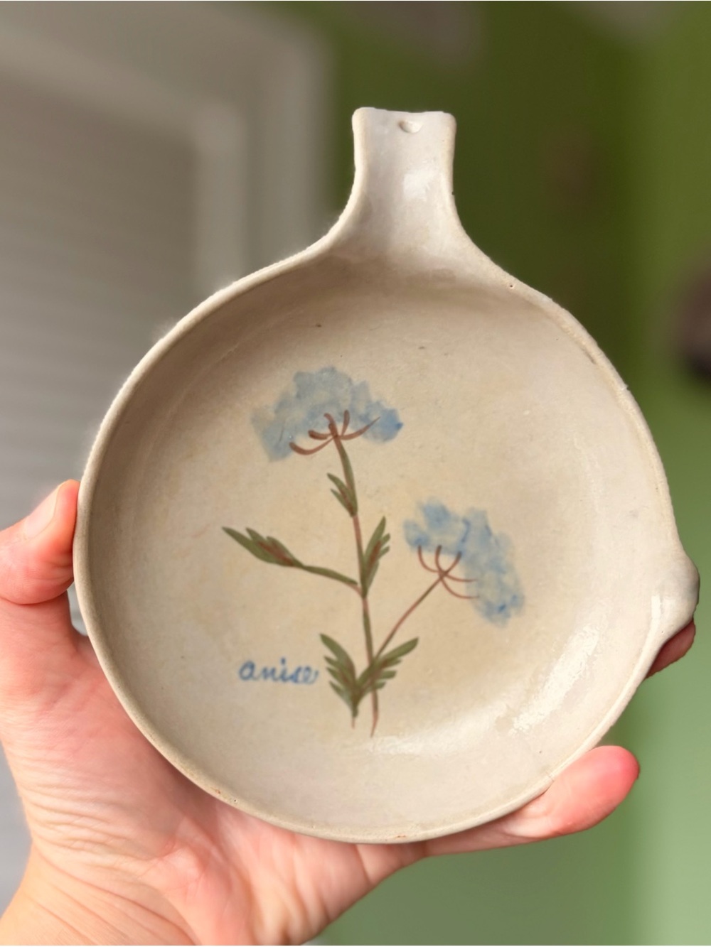 Hand-Painted Ceramic Home Art Dish in Cream & Blue Floral Design Vintage Kitchen
